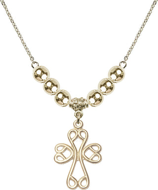 18" Hamilton Gold Plated Necklace with 6mm 14kt Gold Filled Beads featuring a 14kt Gold Filled Scroll Cross Medal.