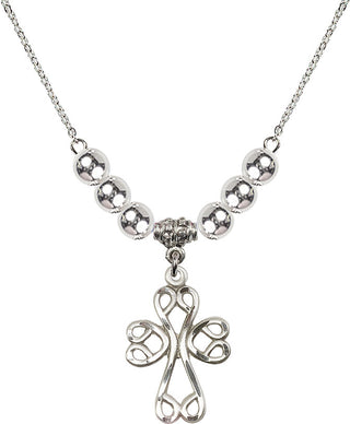 18" Rhodium Plated Necklace with 6mm Sterling Silver Beads featuring a Sterling Silver Scroll Cross Medal.