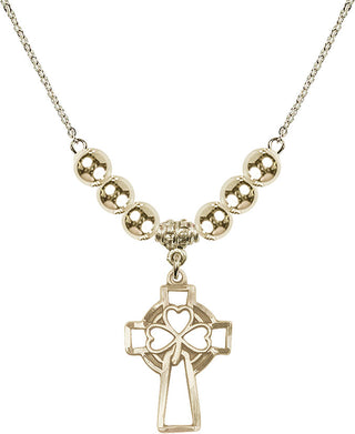 18" Hamilton Gold Plated Necklace with 6mm 14kt Gold Filled Beads featuring a 14kt Gold Filled Shamrock Cross Medal.