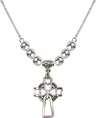 18" Rhodium Plated Necklace with 6mm Sterling Silver Beads featuring a Sterling Silver Shamrock Cross Medal.