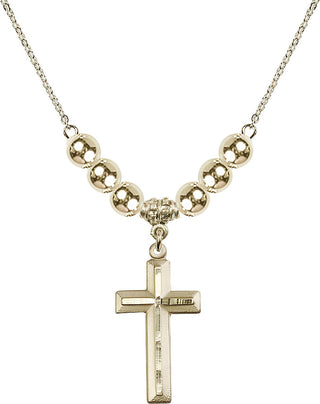18" Hamilton Gold Plated Necklace with 6mm 14kt Gold Filled Beads featuring a 14kt Gold Filled Cross Medal. Engraved Catholic Saint Jewelry