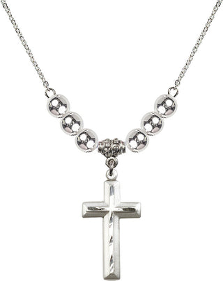 18" Rhodium Plated Necklace with 6mm Sterling Silver Beads featuring a Sterling Silver Cross Medal. Engraved Catholic Saint Jewelry