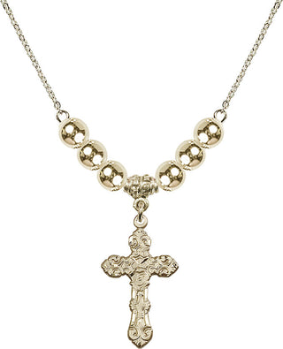 18" Hamilton Gold Plated Necklace with 6mm 14kt Gold Filled Beads featuring a 14kt Gold Filled Cross Medal. Engraved Catholic Saint Jewelry