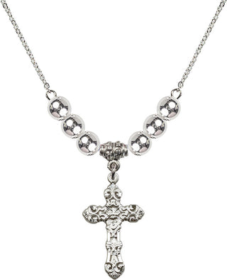 18" Rhodium Plated Necklace with 6mm Sterling Silver Beads featuring a Sterling Silver Cross Medal. Engraved Catholic Saint Jewelry