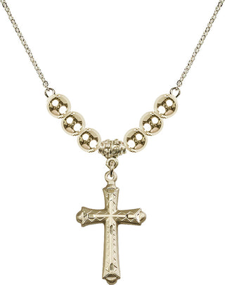 18" Hamilton Gold Plated Necklace with 6mm 14kt Gold Filled Beads featuring a 14kt Gold Filled Cross Medal. Engraved Catholic Saint Jewelry
