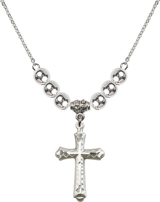 18" Rhodium Plated Necklace with 6mm Sterling Silver Beads featuring a Sterling Silver Cross Medal. Engraved Catholic Saint Jewelry