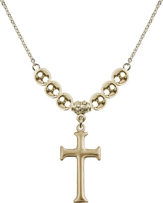 18" Hamilton Gold Plated Necklace with 6mm 14kt Gold Filled Beads featuring a 14kt Gold Filled Cross Medal. Engraved Catholic Saint Jewelry