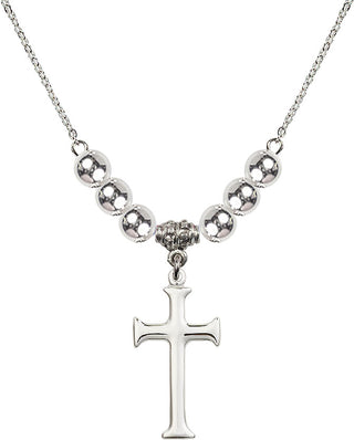 18" Rhodium Plated Necklace with 6mm Sterling Silver Beads featuring a Sterling Silver Cross Medal. Engraved Catholic Saint Jewelry