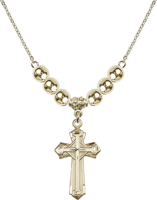 18" Hamilton Gold Plated Necklace with 6mm 14kt Gold Filled Beads featuring a 14kt Gold Filled Cross Medal. Engraved Catholic Saint Jewelry