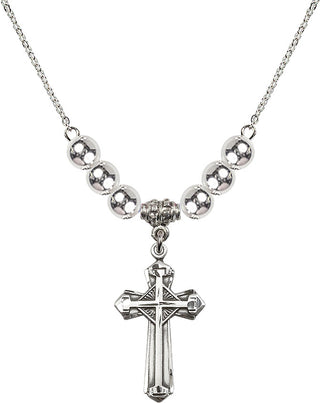 18" Rhodium Plated Necklace with 6mm Sterling Silver Beads featuring a Sterling Silver Cross Medal. Engraved Catholic Saint Jewelry