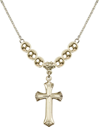18" Hamilton Gold Plated Necklace with 6mm 14kt Gold Filled Beads featuring a 14kt Gold Filled Cross Medal. Engraved Catholic Saint Jewelry