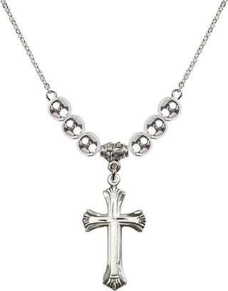 18" Rhodium Plated Necklace with 6mm Sterling Silver Beads featuring a Sterling Silver Cross Medal. Engraved Catholic Saint Jewelry