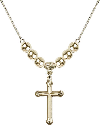 18" Hamilton Gold Plated Necklace with 6mm 14kt Gold Filled Beads featuring a 14kt Gold Filled Cross Medal. Engraved Catholic Saint Jewelry
