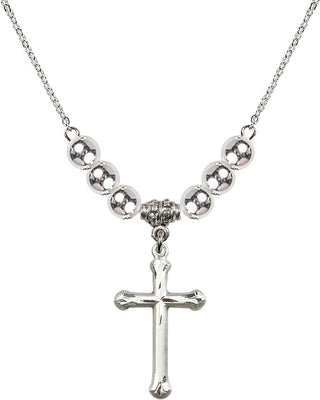 18" Rhodium Plated Necklace with 6mm Sterling Silver Beads featuring a Sterling Silver Cross Medal. Engraved Catholic Saint Jewelry