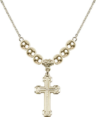 18" Hamilton Gold Plated Necklace with 6mm 14kt Gold Filled Beads featuring a 14kt Gold Filled Cross Medal.