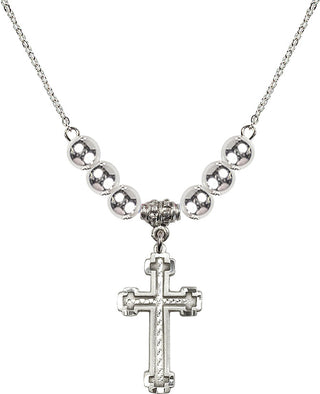 18" Rhodium Plated Necklace with 6mm Sterling Silver Beads featuring a Sterling Silver Cross Medal.