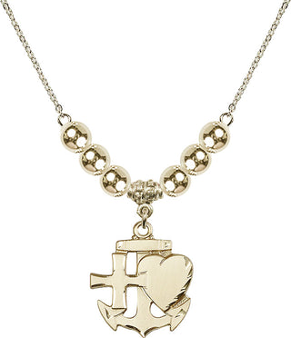18" Hamilton Gold Plated Necklace with 6mm 14kt Gold Filled Beads featuring a 14kt Gold Filled Faith, Hope & Charity Medal.
