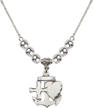 18" Rhodium Plated Necklace with 6mm Sterling Silver Beads featuring a Sterling Silver Faith, Hope & Charity Medal.