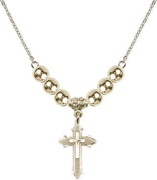18" Hamilton Gold Plated Necklace with 6mm 14kt Gold Filled Beads featuring a 14kt Gold Filled Cross on Cross Medal. Engraved Catholic Saint Jewelry