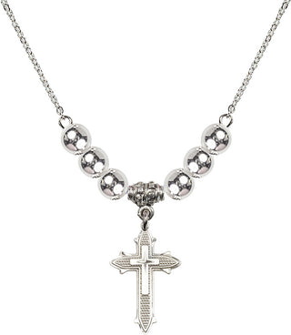 18" Rhodium Plated Necklace with 6mm Sterling Silver Beads featuring a Sterling Silver Cross on Cross Medal. Engraved Catholic Saint Jewelry
