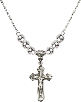 18" Rhodium Plated Necklace with 6mm Sterling Silver Beads featuring a Sterling Silver Crucifix Medal.