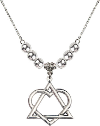 18" Rhodium Plated Necklace with 6mm Sterling Silver Beads featuring a Sterling Silver Adoption Heart Medal.