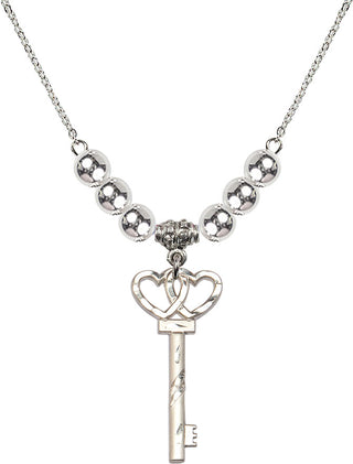 18" Rhodium Plated Necklace with 6mm Sterling Silver Beads featuring a Sterling Silver Small Key w/Double Hearts Medal.