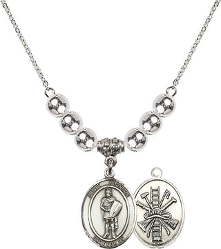 18" Rhodium Plated Necklace with 6mm Sterling Silver Beads featuring a Sterling Silver Saint Florian/Firefighter Medal.