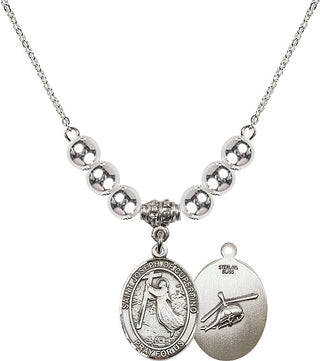 18" Rhodium Plated Necklace with 6mm Sterling Silver Beads featuring a Sterling Silver Saint Joseph of Cupertino/Heleco Medal.