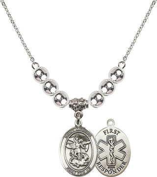 18" Rhodium Plated Necklace with 6mm Sterling Silver Beads featuring a Sterling Silver Saint Michael/1St Responder Medal.