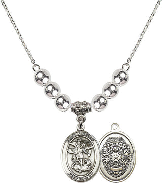18" Rhodium Plated Necklace with 6mm Sterling Silver Beads featuring a Sterling Silver Saint Michael the Archangel Medal.