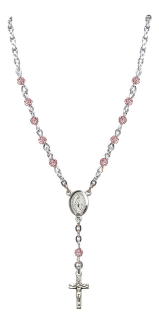 Sterling Silver 4mm Austrian Crystal Miraculous Rosary Necklace in Light Rose