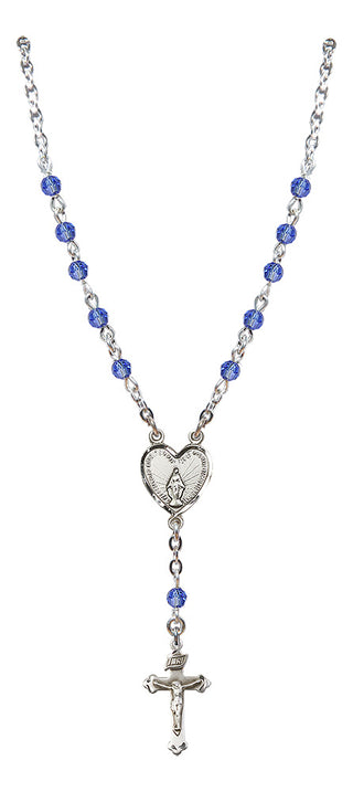 Sterling Silver 4mm Austrian Crystal Miraculous Rosary Necklace in Sapphire