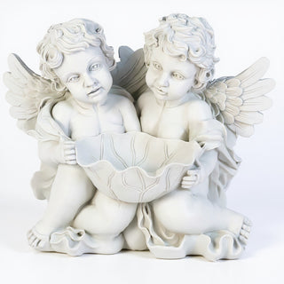 Cherub Holding Leaf Bowl Planter — Flat White finish
