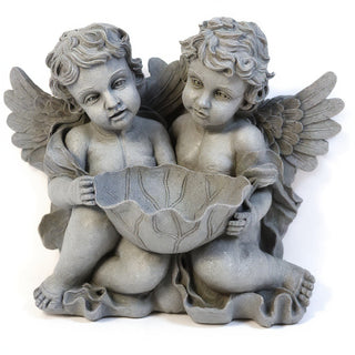 Cherub Holding Leaf Bowl Planter — Limestone finish