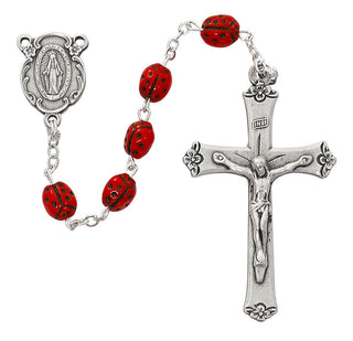 Red Lady Bug Silver Oxidized Rosary