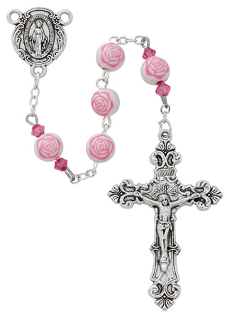 8mm Rose & Pink Crystal Bead Rosary