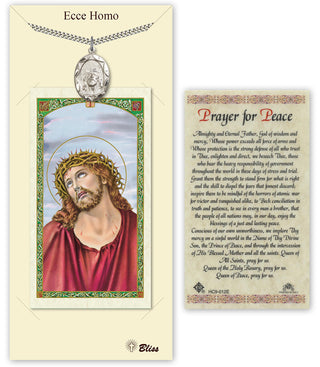 Pewter Ecce Homo Medal on an 24 inch Heavy Curb Chain with a Prayer for Peace Prayer Card. Engraved Catholic Saint Jewelry