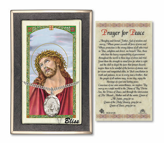 Silver Filled Ecce Homo Medal on an 18 inch Lite Curb Chain with a Prayer for Peace Prayer Card. Engraved Catholic Saint Jewelry