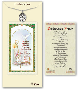 Pewter Confirmation Medal on an 18 inch Lite Curb Chain with a Confirmation Prayer Prayer Card.