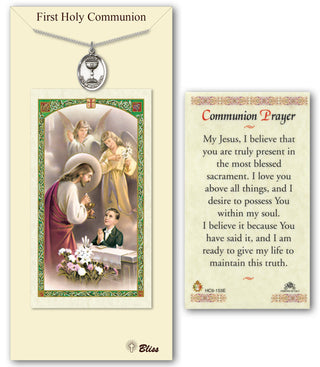 Pewter Holy Communion Medal on an 18 inch Light Curb Chain with a Communion Prayer - Boy Prayer Card