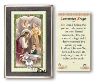 Sterling Silver Holy Communion Medal on an 18 inch Lite Curb Chain with a Communion Prayer - Boy Prayer Card.