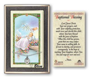 Silver Filled Baptism Medal on an 18 inch Lite Curb Chain with a Baptism Blessing Prayer Card.