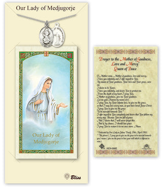 Pewter Our Lady of Medugorje Medal on an 24 inch Heavy Curb Chain with a Prayer to Our Lady of Medjugorje Prayer Card.