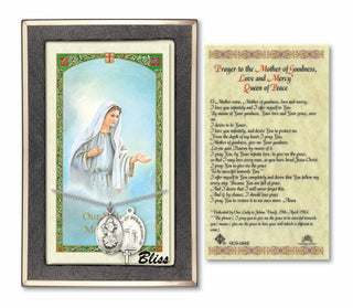 Silver Filled Our Lady of Medugorje Medal on an 18 inch Lite Curb Chain with a Prayer to Our Lady of Medjugorje Prayer Card.