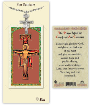 Pewter San Damiano Crucifix Medal on an 24 inch Heavy Curb Chain with a The Prayer Before the Crucifix at San Damiano Prayer Card.