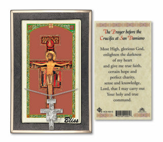 Silver Filled San Damiano Crucifix Medal on an 18 inch Lite Curb Chain with a The Prayer Before the Crucifix at San Damiano Prayer Card.