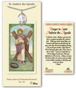 Pewter Saint Andrew the Apostle Medal on an 24 inch Heavy Curb Chain with a Prayer to St Andrew the Apostle Prayer Card. Engraved Catholic Saint Jewelry