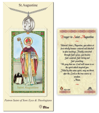 Pewter Saint Augustine Medal on an 24 inch Heavy Curb Chain with a Prayer to Saint Augustine Prayer Card. Engraved Catholic Saint Jewelry