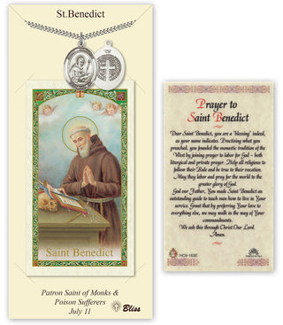 Pewter Saint Benedict Medal on an 24 inch Heavy Curb Chain with a Prayer to St Benedict Prayer Card.